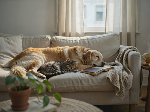 A golden retriever dog and a tabby cat sleep peacefully together on a white couch next to an open book with a houseplant on a table nearby