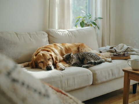 A golden retriever dog and a tabby cat sleep peacefully together on a white couch next to an open book and a cup of tea on a wooden table