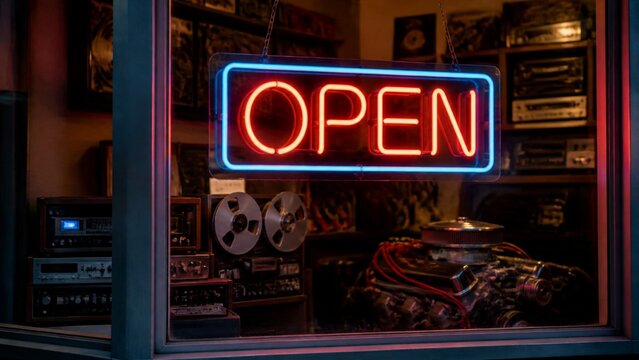 Neon Open Sign in a Retail Store Window at Night with Vintage Electronics
