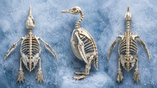 Three anatomical bird skeletons displayed on a blue textured background