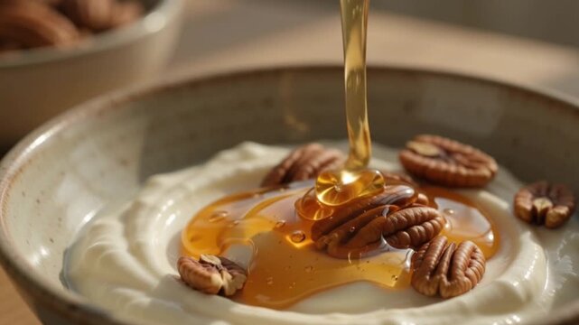 Golden honey dripping slowly over creamy Greek yogurt and pecan nuts in a ceramic bowl with warm autumn morning lighting and rich amber hues
