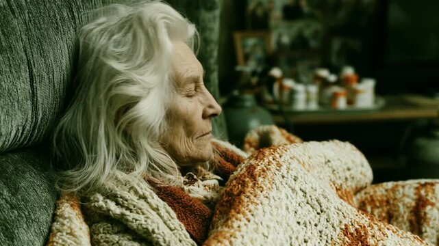 Elderly woman with gray hair resting in armchair under warm blanket. Lonely senior lady dozing at home. Concept of aging, fatigue and solace in retirement life.