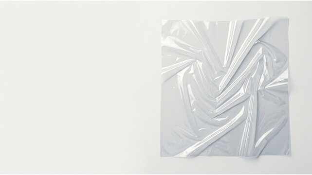 Crumpled plastic wrap texture on white background, transparent cellophane sheet overlay, wrinkled polyethylene film for packaging mockups