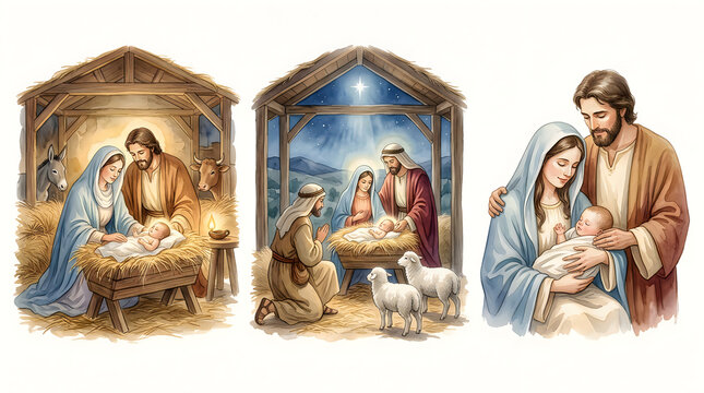 Nativity story art panels depicting birth of christ in stable with nativity christmas religion