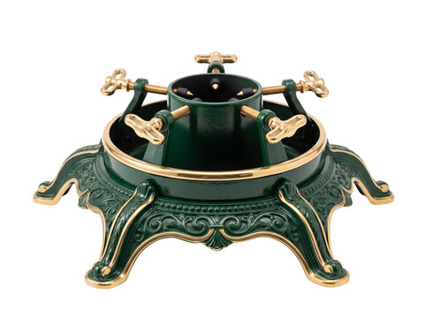 Ornate antique style green and gold metal christmas tree stand with christmas decoration isolated background
