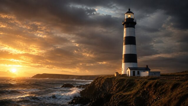 Scenic lighthouse on a rocky cliff at sunset with dramatic clouds