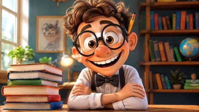 Happy cartoon boy with glasses sitting at a desk with a stack of books