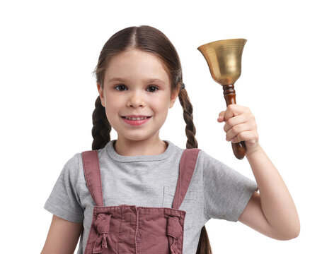 Smiling little girl ringing school bell on white background