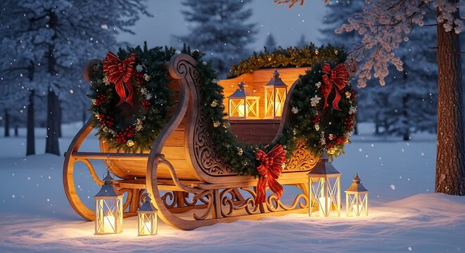 Traditional wooden holiday sleigh decorated with lush evergreen pine garlands and lanterns in snowy landscape