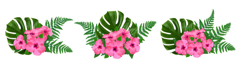Floral compositions with hibiscus flowers and green tropical leaves on white background, set © New Africa