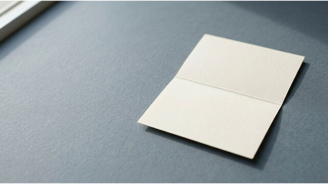 Minimalist blank greeting card mockup, elegant cream stationery on textured blue background, clean paper template for wedding invitations