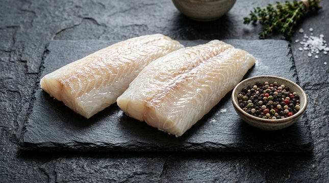 Fresh Raw Cod Fish Fillets with Peppercorns and Herbs Isolated on White and Transparent Background