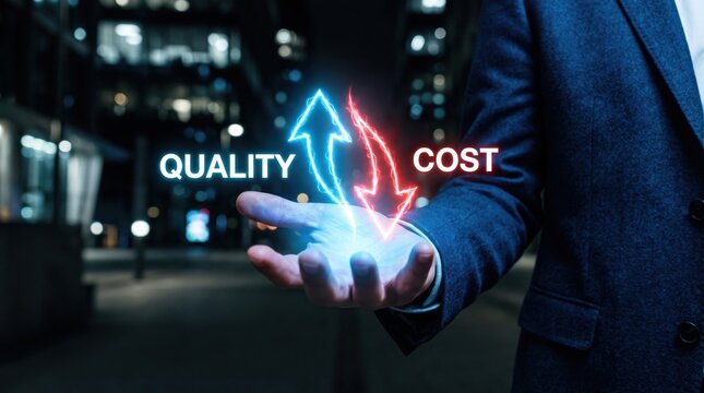 Businessman's open hand balancing quality up arrow with cost down arrow in neon lights against city background