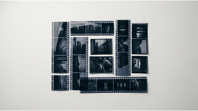 Vintage film strips and darkroom negatives, analog photography contact sheet on white background, retro cinematic frames