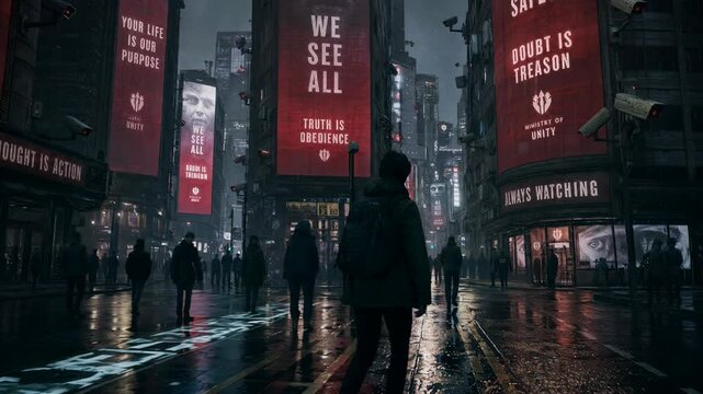 Man standing in futuristic dystopia city with propaganda sign on building. Totalitarian regime surveillance concept. Dark urban street with censored society scene.