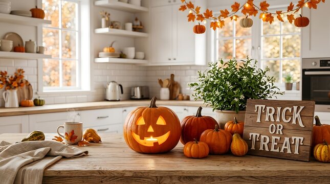 Cozy kitchen interior decorated for Halloween with jack o lantern pumpkin, autumn leaves, and trick or treat sign