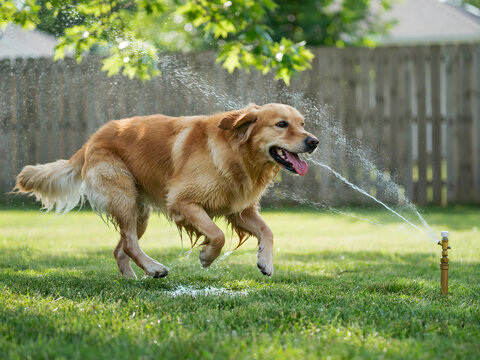 A golden retriever dog running through a water sprinkler in a grassy backyard, splashing water droplets in the air on a sunny summer day