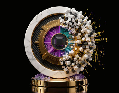 Wealth Management Concept - Marble and Carbon Fiber Precision Gear Shattering into Binary Code and AI Circuits on Black Background