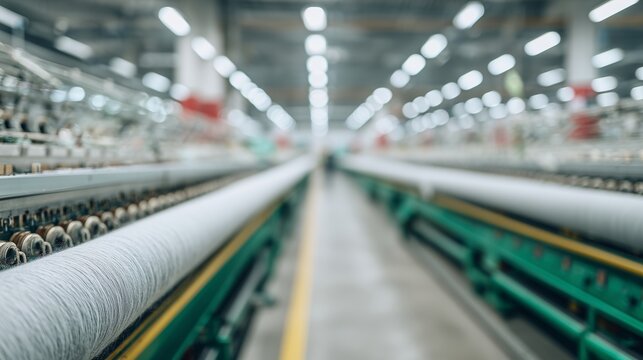Textile factory spinning machines. A long range of yarn production equipment, an industrial interior with perspective and automation.