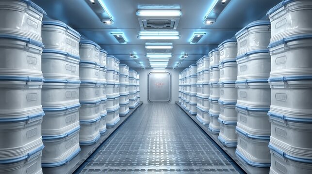 Spacecraft storage with supplies containers. Rows of boxes in futuristic cold storage for food and medical supplies