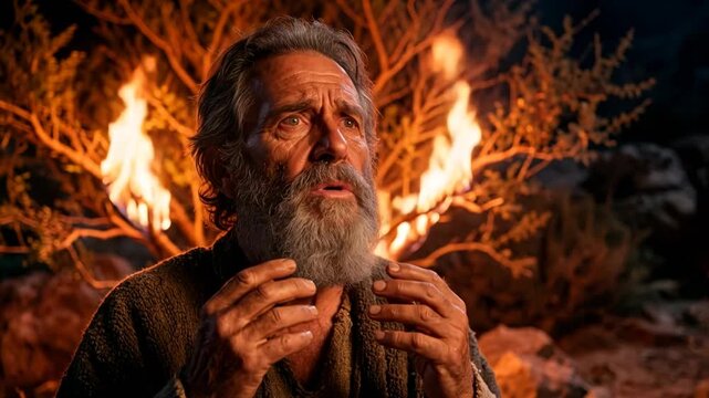 Moses facing the burning bush in the desert. Bearded man witnessing divine presence during biblical encounter. Prophet experiencing miracle in ancient wilderness.