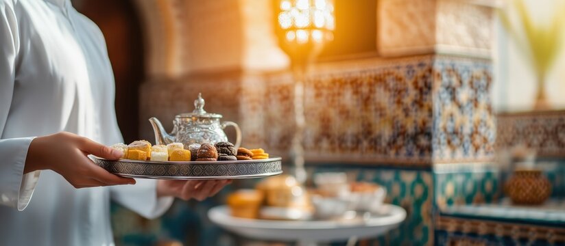 Traditional Arabic tea with oriental sweets.
A man in a white robe serves a silver tray with a teapot and assorted oriental sweets in an interior with mosaics and lamps, symbolizing Arab hospitality.