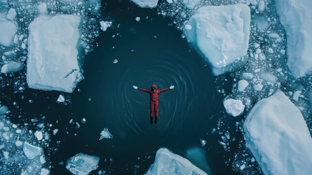 A man lying on his back in a red ice-floating suit swims among ice blocks in dark water. View from above. Arctic tranquility and extreme relaxation.