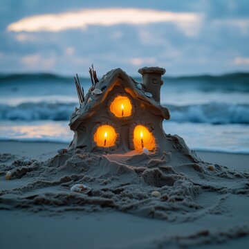 A sand house by the sea.Candles are lit inside the sand house by the ocean in memory of those who did not return from the water.A symbol of sorrow and the light of hope against the background of waves
