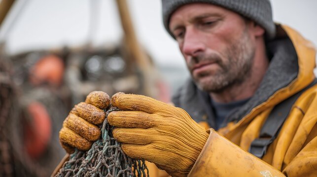 A fisherman in yellow waterproof clothes repairs a fishing net