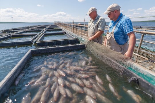 Two fishermen in overalls pull a fish net out of a cage at a fish farm