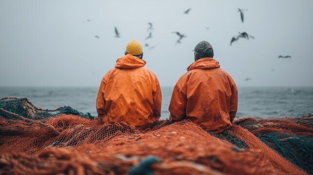 Two fishermen in orange raincoats are sitting on fishing nets on a boat in the sea