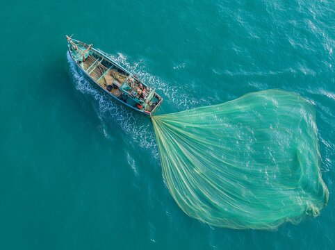 Aerial view of fishing boat pulling large net in turquoise water. Top-down aerial shot of a small fishing vessel dragging a large green net through clear turquoise sea water.