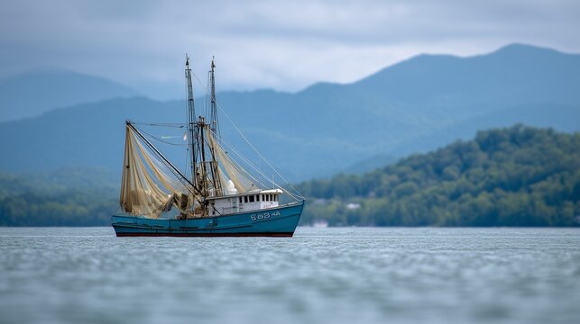 Fishing trawler with nets on water with mountains background. Blue fishing boat with nets in the sea hills in the background under cloudy sky