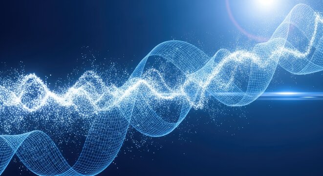 Abstract Blue Energy Waves and Light Streaks on Dark Background.