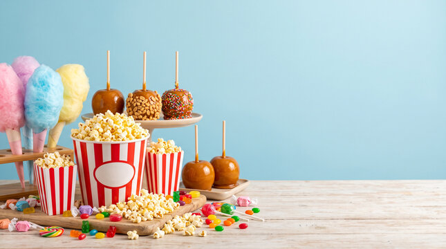Carnival snacks with popcorn cotton candy and caramel apples