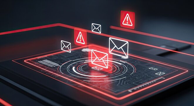 Cybersecurity Threat Alert - Digital Spam and Phishing Emails on Futuristic Interface.