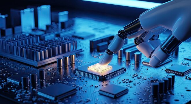 Robotic Hand Assembling Advanced Microchip on Futuristic Motherboard.