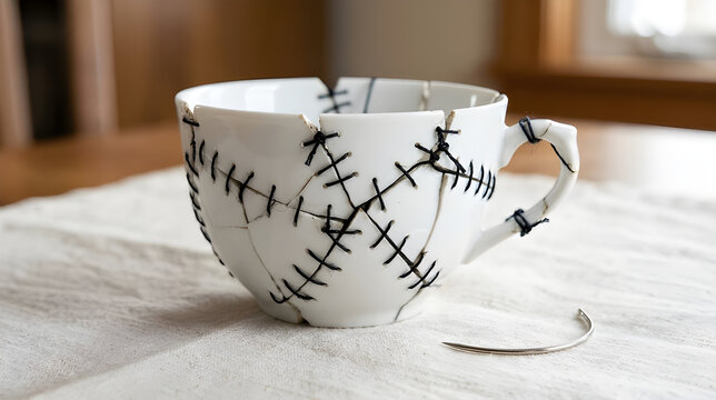 Macro surreal photo of a pristine white porcelain teacup broken and stitched back together using thick black medical surgical sutures and needles, representing domestic trauma, broken families, and th