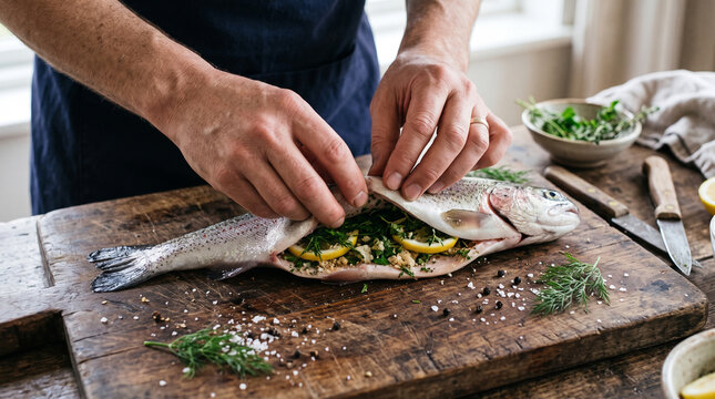 Chef hands stuffing raw fish with lemon and herbs on a cutting board