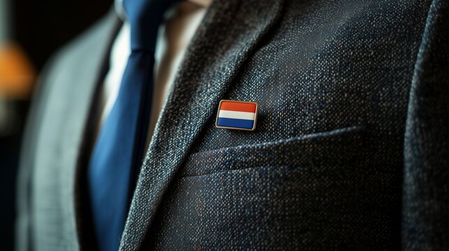 A suit with a pin with the Dutch flag.An elegant formal suit with a pin with the Dutch flag symbolizing national identity, diplomacy and official government or business relations
