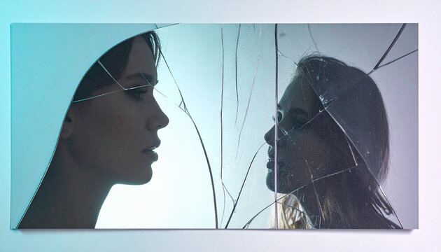 Two woman faces reflecting in broken mirror pieces looking at each other alter ego concept