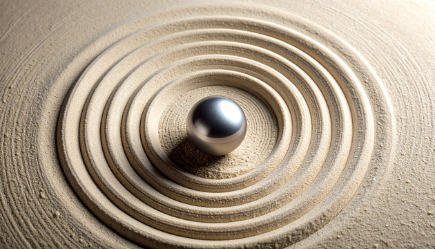 Top down macro view of zen sand garden concentric circles with a metallic sphere in center balance concept