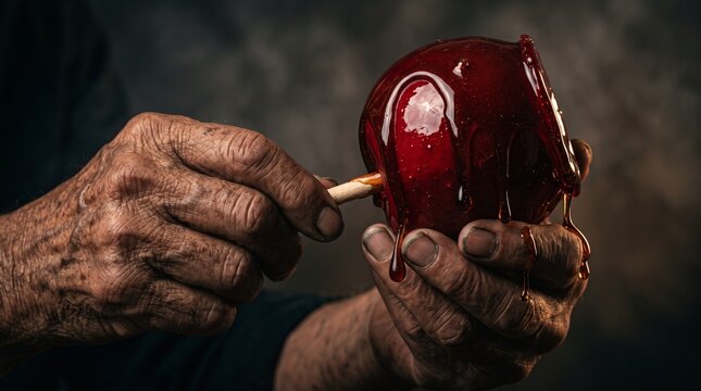 Elderly hands carefully holding a glistening red candy apple with dripping caramel, evoking autumn and Halloween traditions