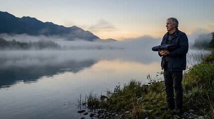 Fototapeta premium Senior Veteran Holding Folded Flag at Misty Lake at Dawn