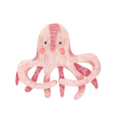 Color pencils drawing cute pink and maroon water octopus animal. Textured crayons hand drawn cheerful sea creature for birthday greeting card design, banner, sticker, holiday poster, t-shirt print © Tatahnka