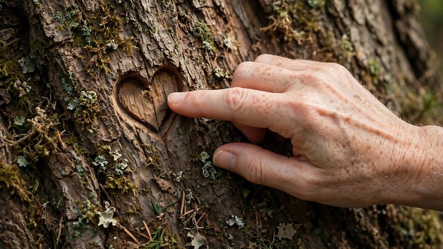 Senior Hand Tracing A Heart Carved Into Tree Bark