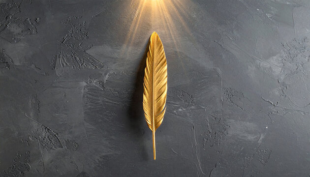 Top view of minimalist single golden feather on textured charcoal grey concrete background with dramatic light ray