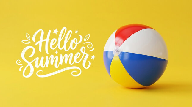 3D Colorful Beach Ball and Hello Summer Lettering Isolated on White and Transparent Background