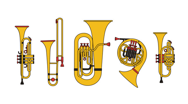 Flat design vector illustration of brass musical instruments: trumpet, trombone, tuba, French horn, cornet on white background.