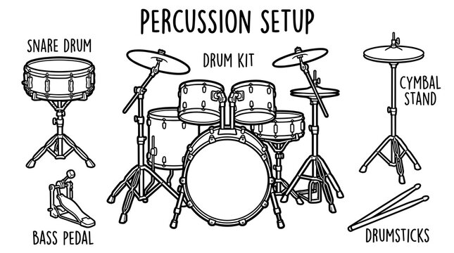 Line art illustration of a complete drum kit with snare drum, bass pedal, cymbal stand, and drumsticks, isolated on white.